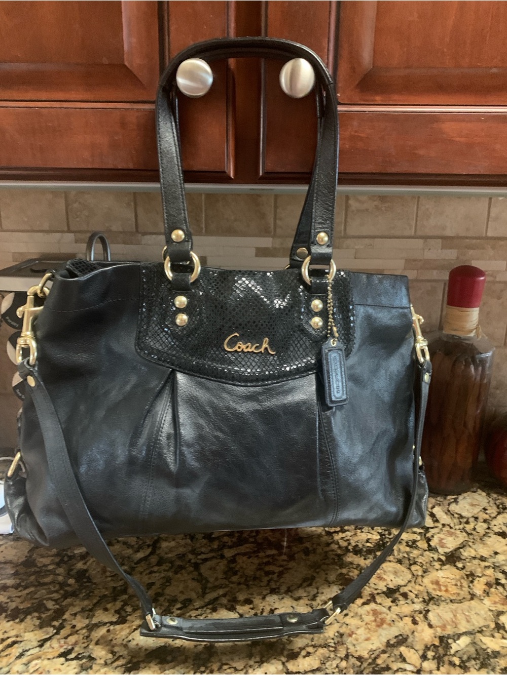 Coach Black Leather Ashley Carryall Shoulder Bag with Gold Hardware
